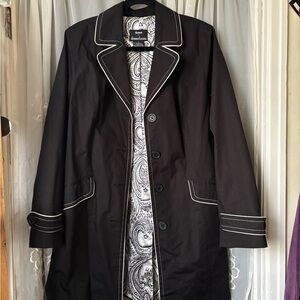 dennis basso Black Trench Coat with White Piping